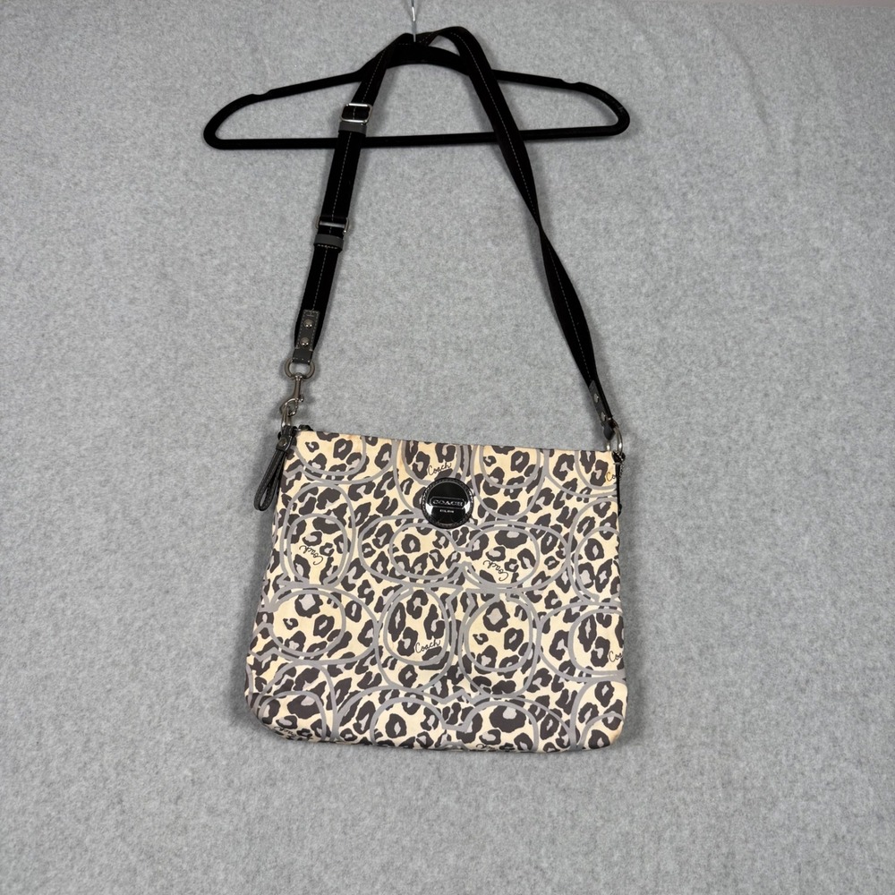 Coach Leopard Print Signature C Crossbody Bag Canvas Grey Tan Animal Print